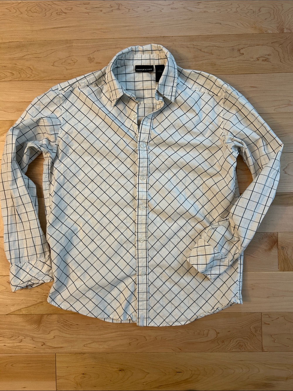 DKNY Jeans Men’s White Button-Down Shirt with Navy Windowpane
